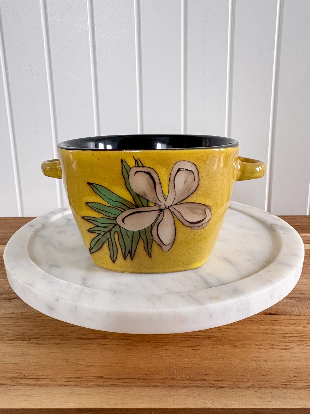 Yellow Floral Ceramic Soup Chili Bowl - Double Handle 6”